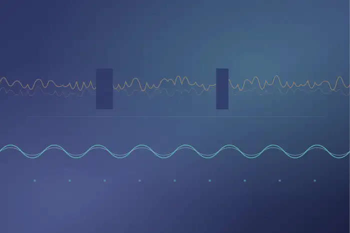 Abstract illustration: a ragged, interrupted waveform above a clean, evenly spaced one below
