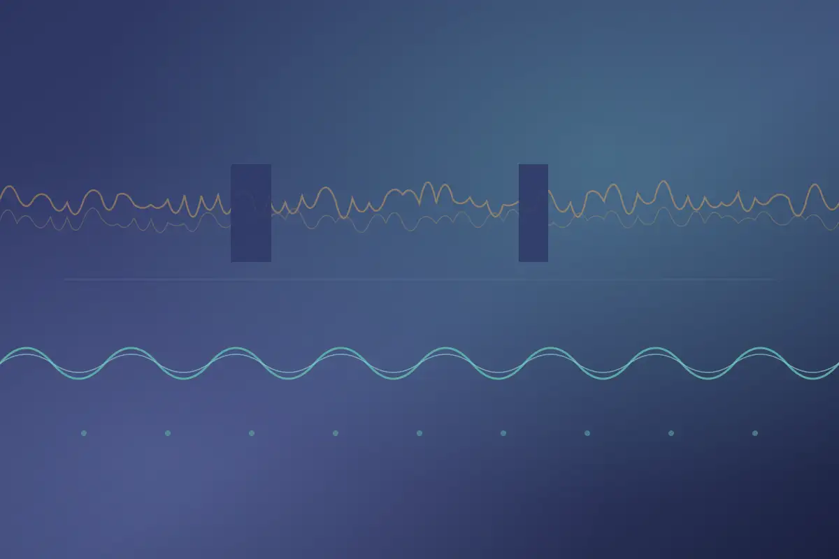 Abstract illustration: a ragged, interrupted waveform above a clean, evenly spaced one below
